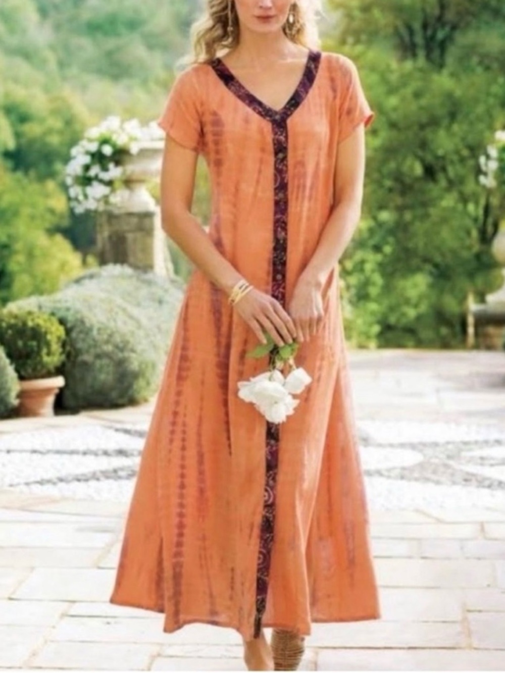 Soft Surroundings Peach Tie-Dye Dress with Black Trim Size PM - Picture 5 of 7